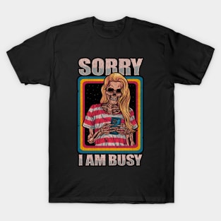 Sorry I Am Busy Woman Skeleton With Phone In Vintage Cracked Style T-Shirt